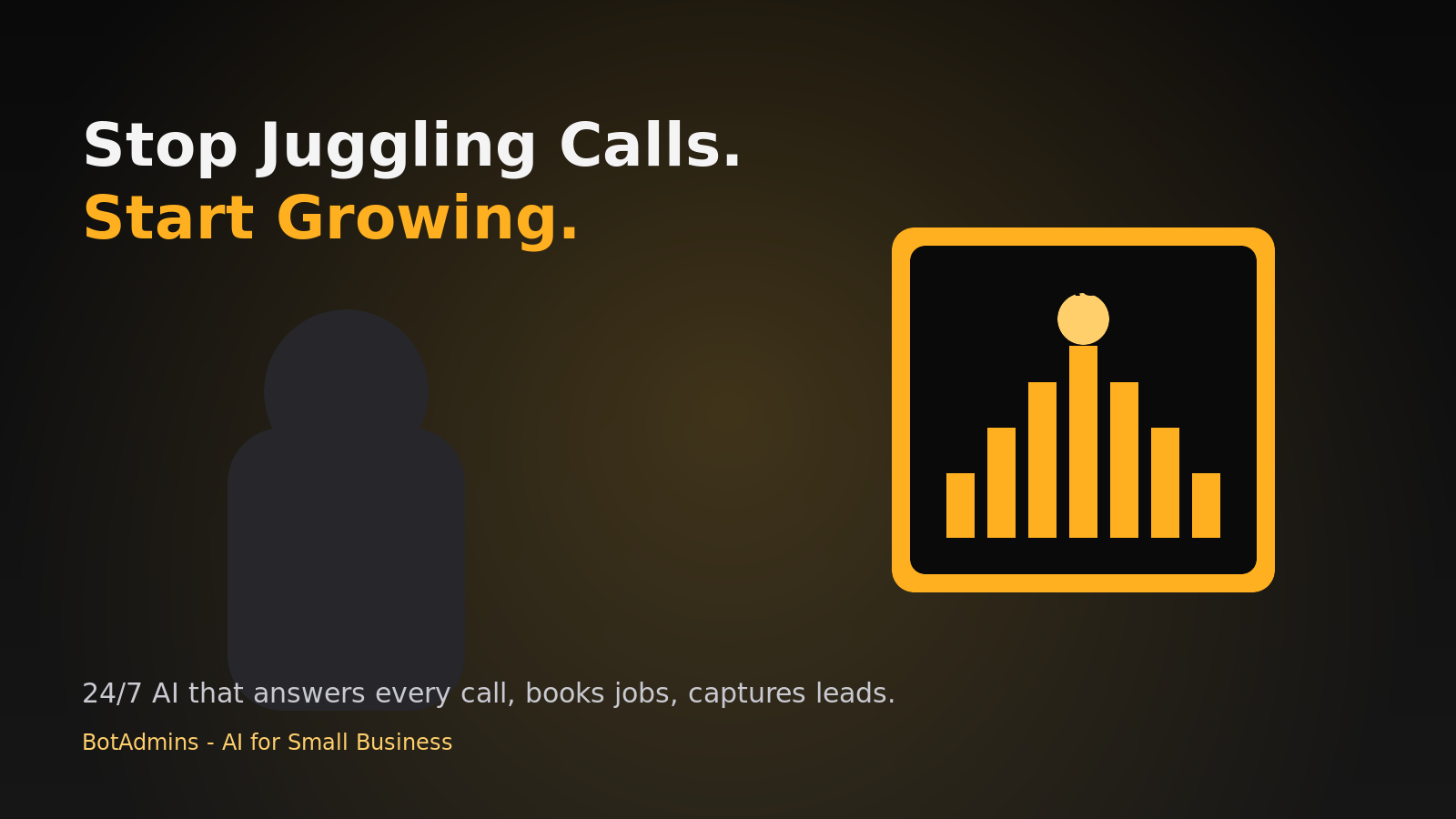 A relieved small business owner while an AI voice agent handles incoming phone calls in the background