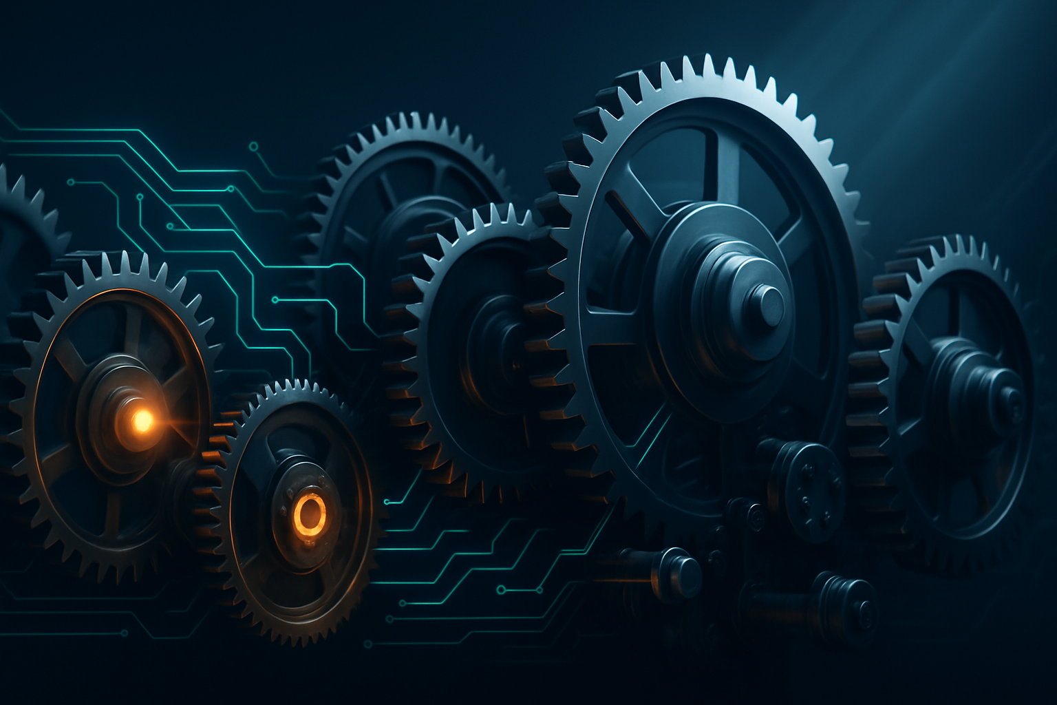 Automated plug-and-play machine system with interconnected gears turning