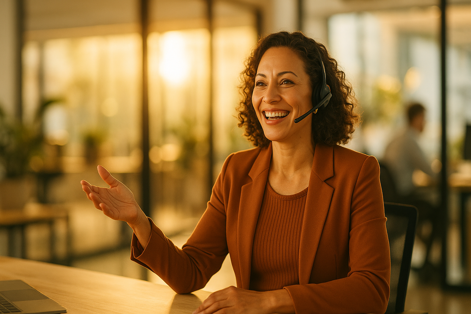 Confident woman smiling mid-conversation wearing a wireless headset in a bright modern office — Fearless Phone Fanatic
