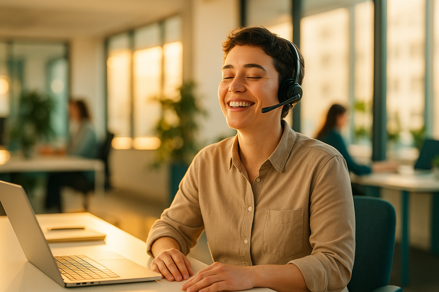 Young sales professional in their late 20s wearing a wireless headset mid-phone-call, smiling with genuine relief and confidence in a bright modern office — Fearless Phone Fanatic