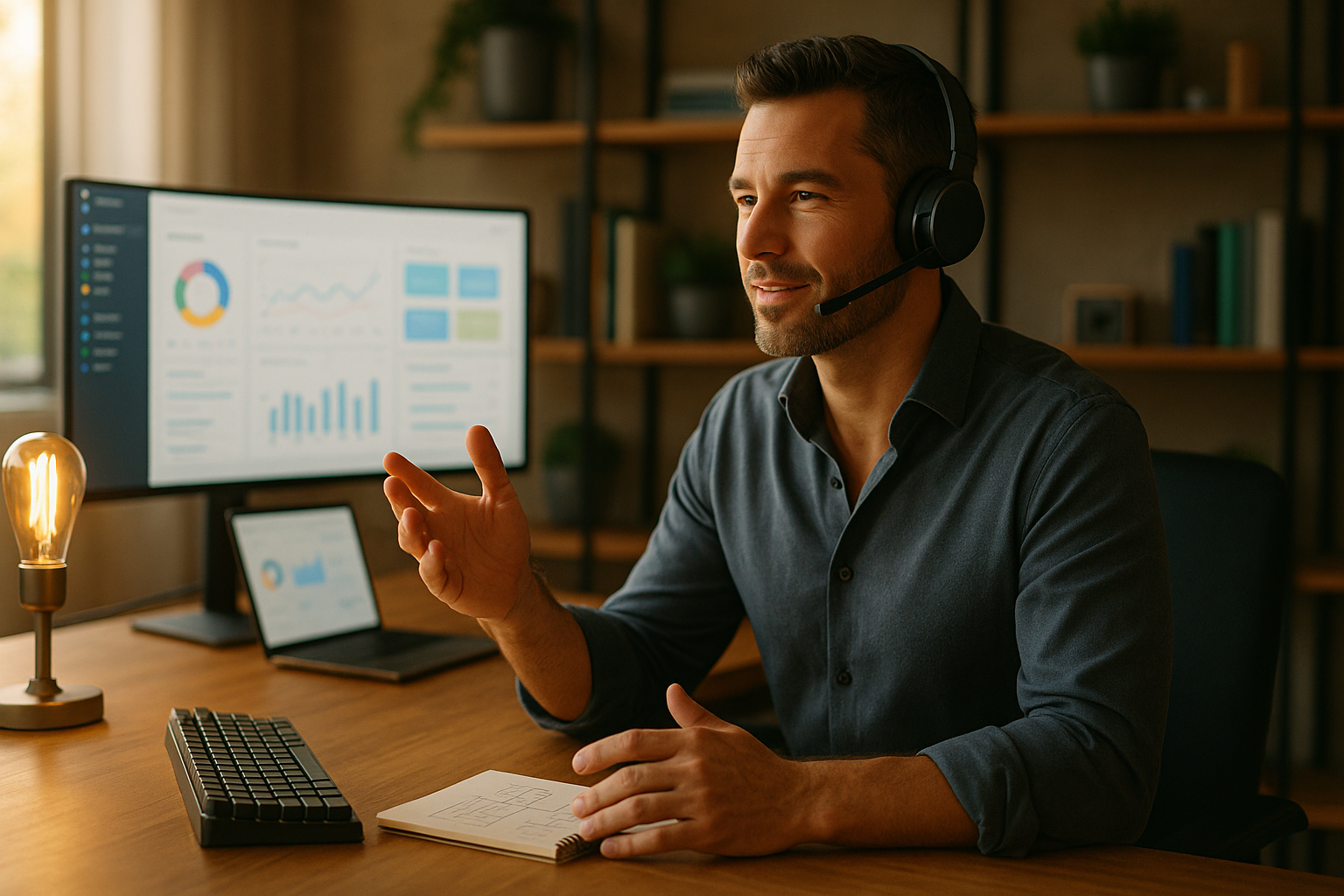 Confident male entrepreneur mid-phone-call at a modern home office desk with a wireless headset and software dashboard visible in the background