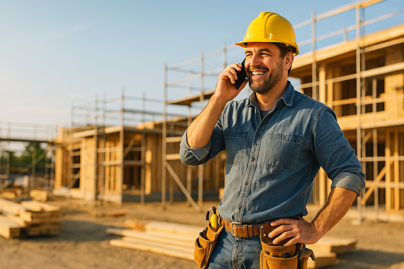 Confident, rugged male contractor in a hard hat and tool belt, smiling and relaxed mid-phone-call at an active construction site in warm natural daylight — Fearless Phone Fanatic