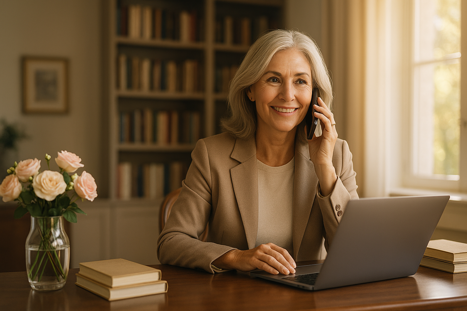 Confident, experienced real estate professional woman in her 50s smiling warmly during a phone call in a beautiful upscale home office with bookshelves and warm natural light