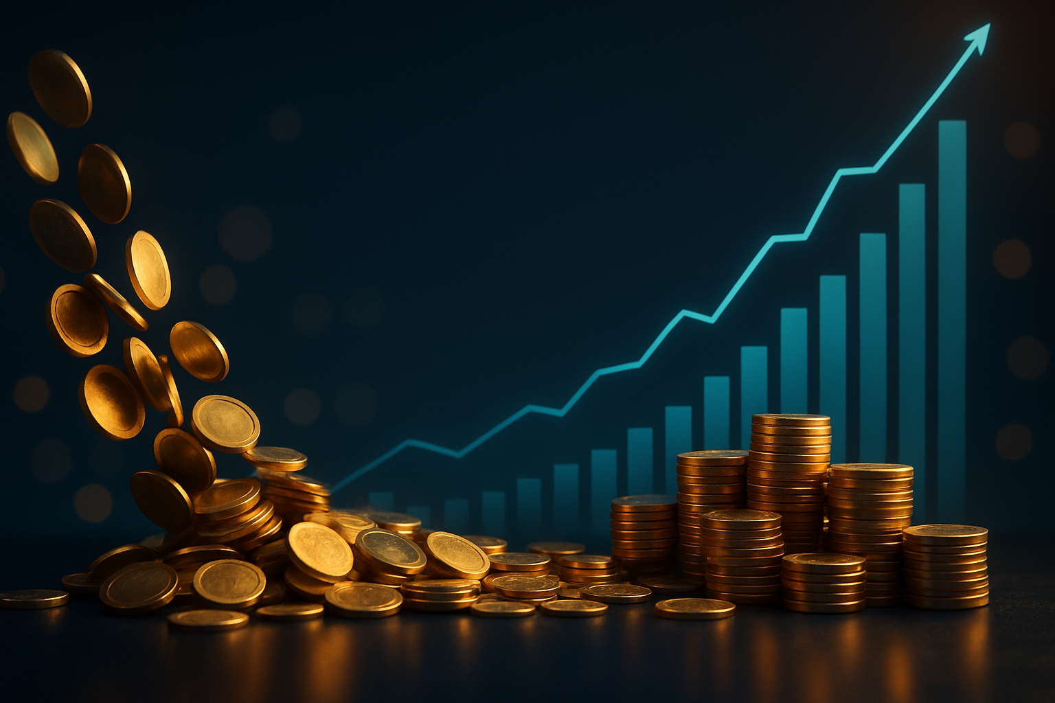 Financial freedom theme with passive income growth charts trending upward and gold coins
