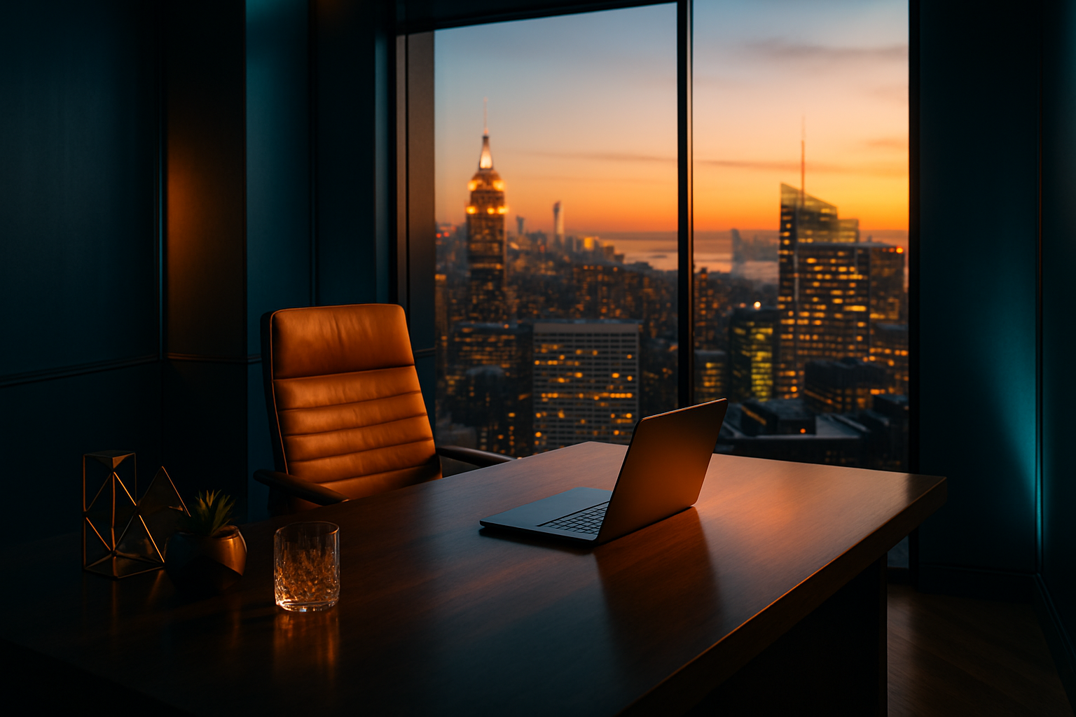 Aspirational luxury success scene, penthouse office at golden hour overlooking a city skyline