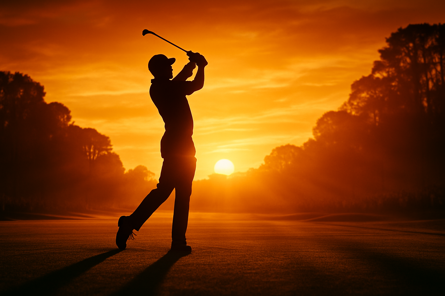 Pro golfer in mid-swing silhouette on a championship course at golden hour — PGA Tour comeback season