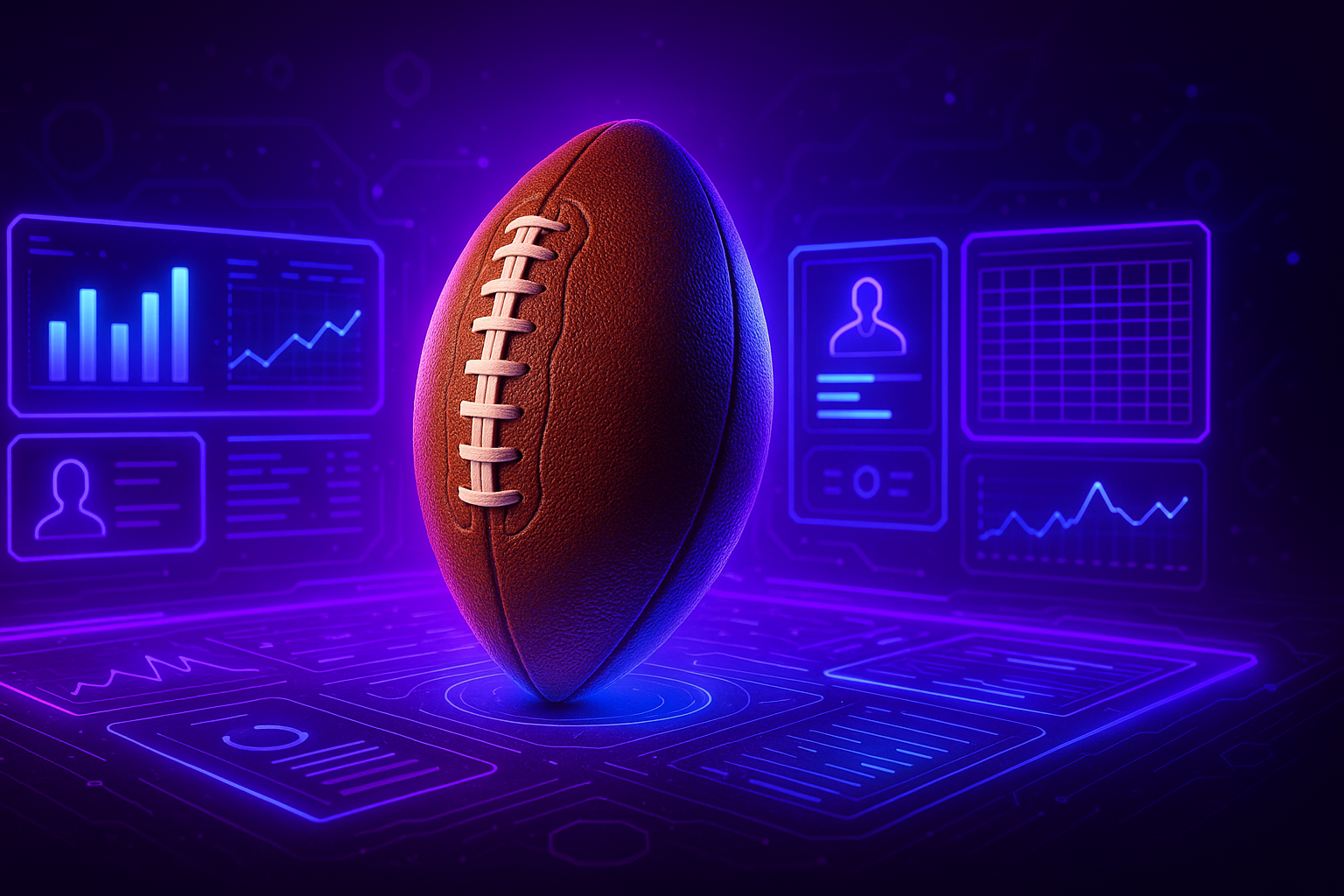 Fantasy football AI draft dashboard with glowing digital analytics and a football on a purple tech background