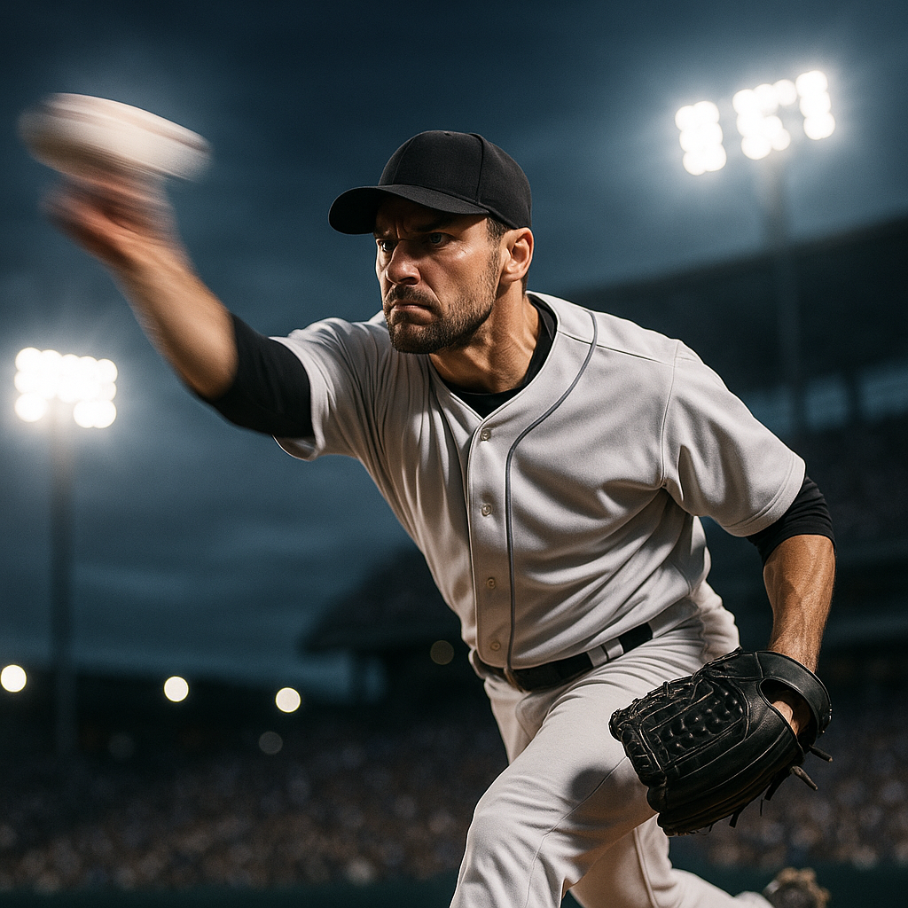 Dynamic action shot of a baseball pitcher in mid-throw