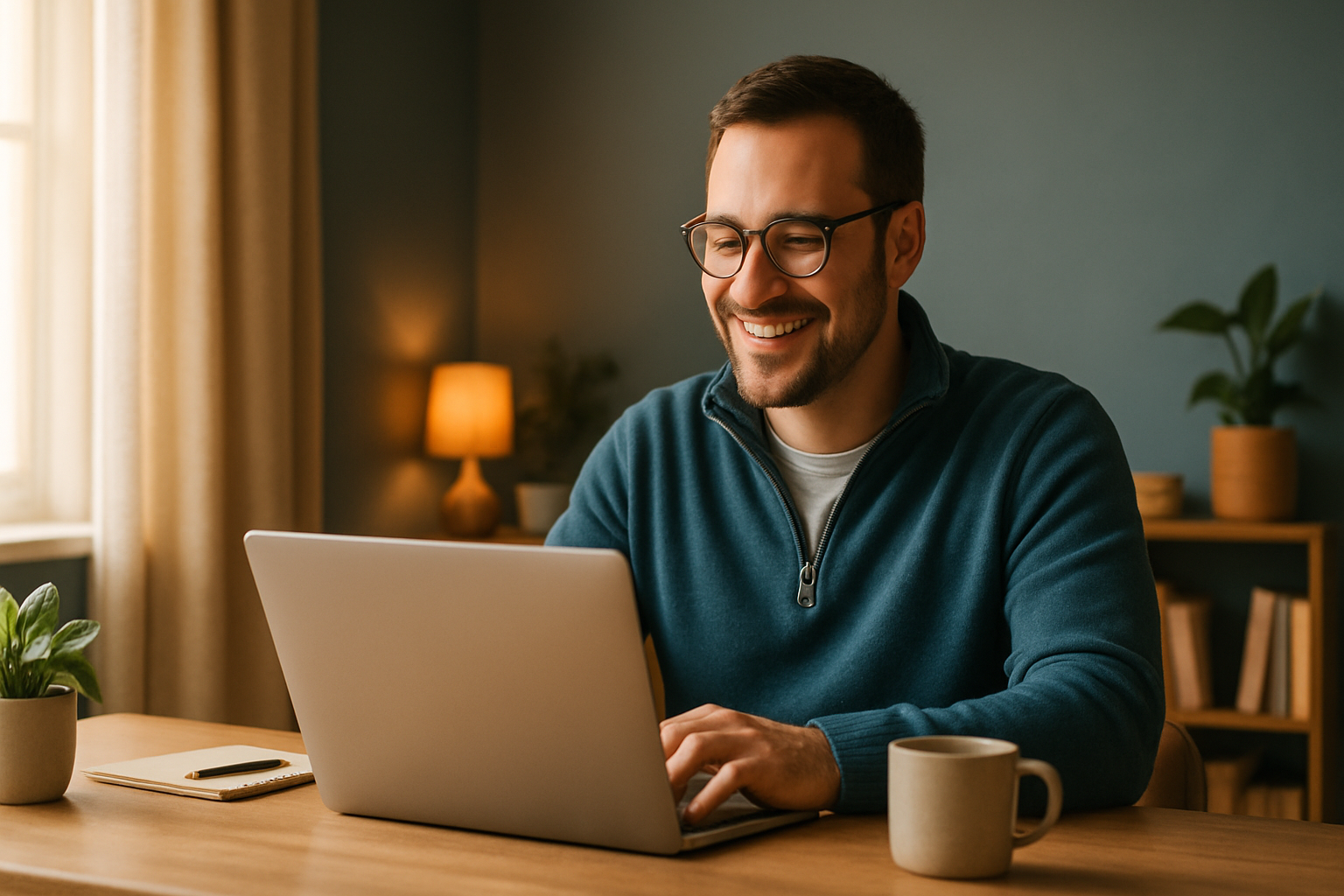 Encouraged beginner affiliate marketer smiling while working on a laptop at home