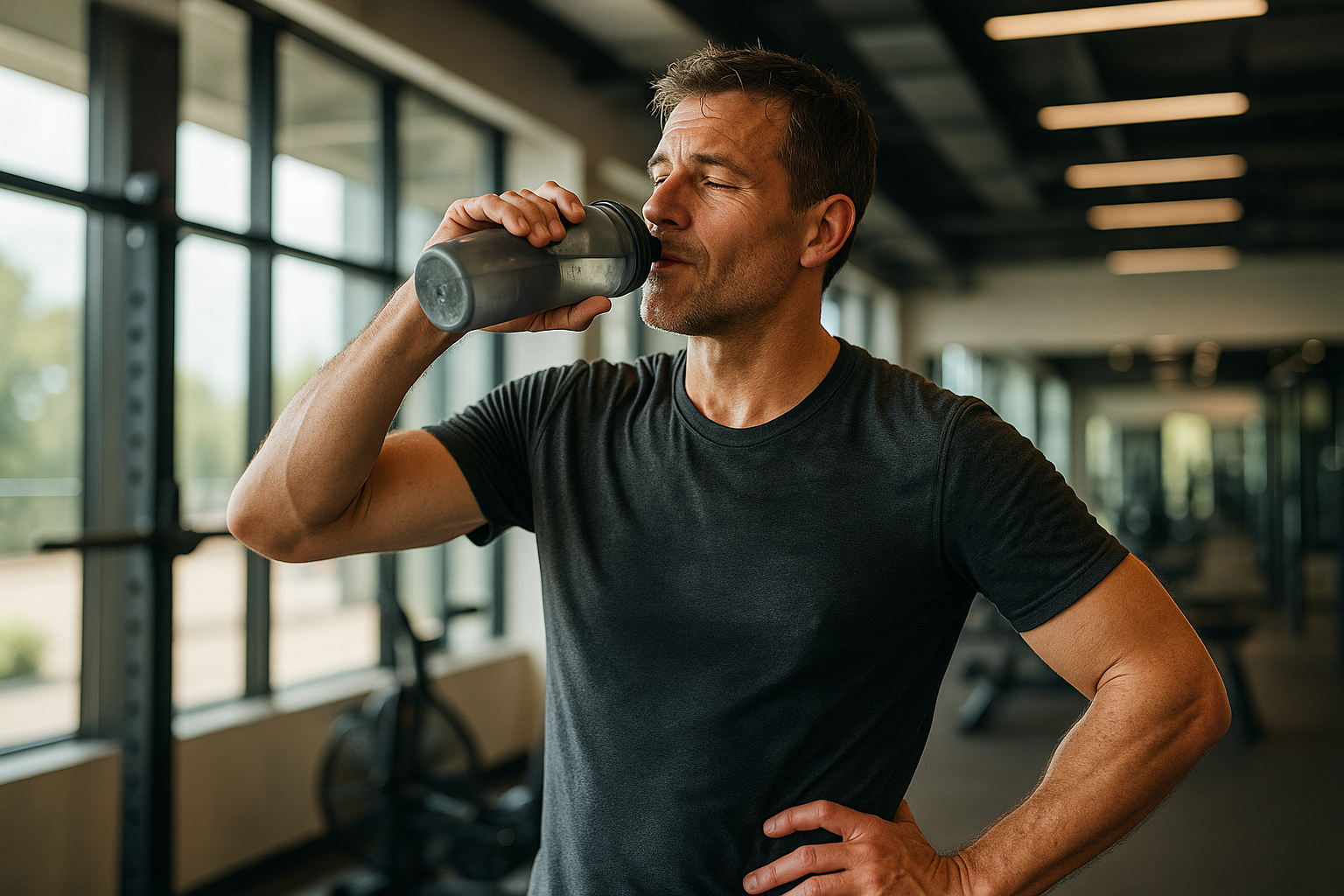 A fit man in his early 40s finishing a workout and drinking water in a bright modern gym, looking tired but accomplished