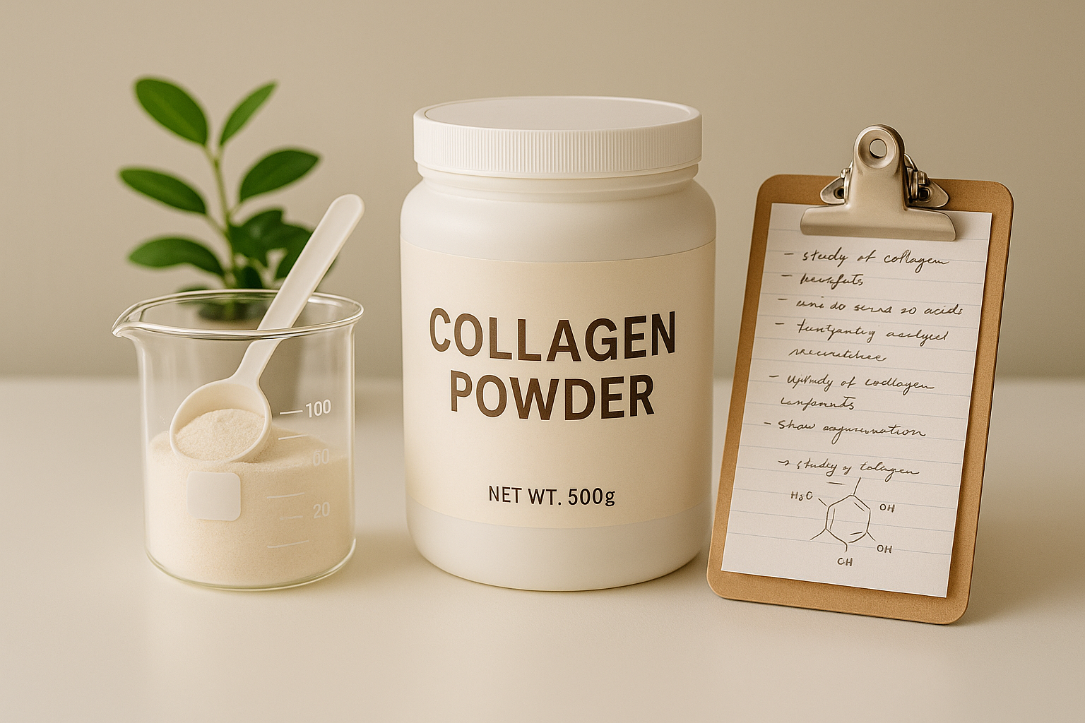 A container of collagen powder beside a science beaker and research notes, with a plant in the background