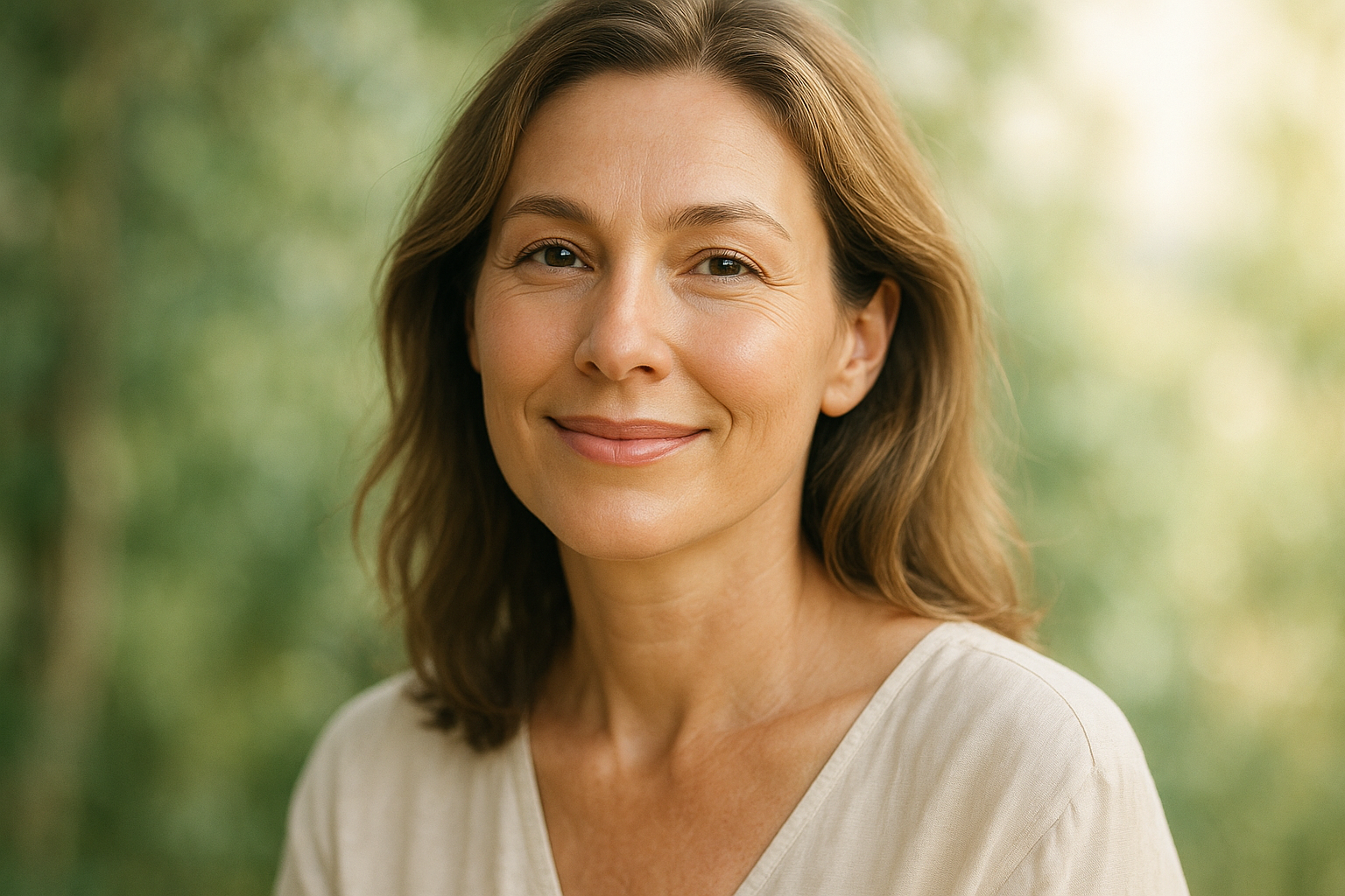 A radiant woman in her 40s with glowing, healthy skin smiling gently against a soft natural background