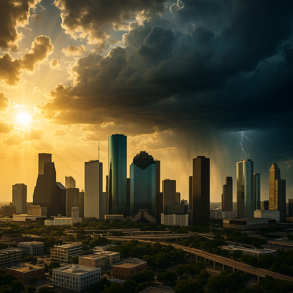 Dramatic Houston skyline with sun, clouds, and a distant thunderstorm