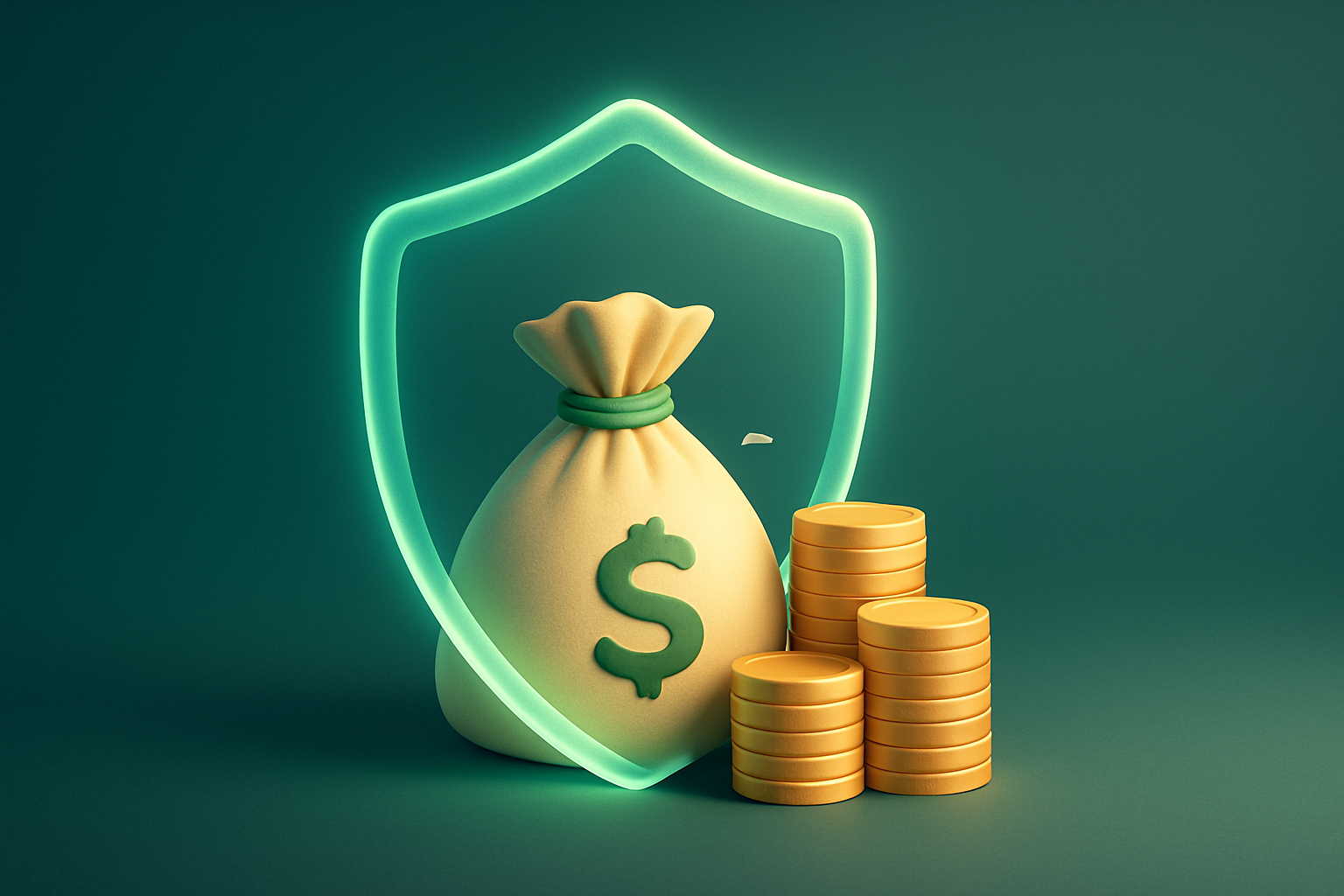 Glowing shield protecting a money bag, symbolizing low refunds and protected commissions