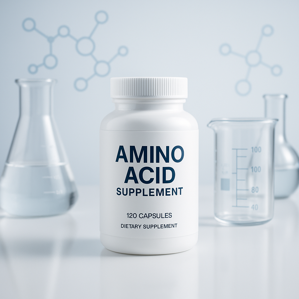 Advanced Amino supplement bottle beside scientific beakers and molecular graphics
