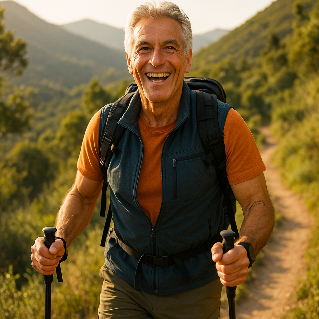 A vibrant, active man over 60 hiking on a sunny mountain trail, full of energy