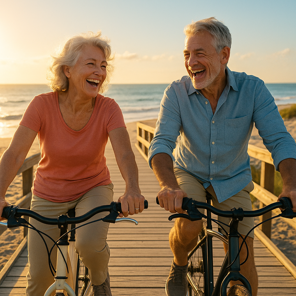 A happy active senior couple riding bicycles along a beach at sunset
