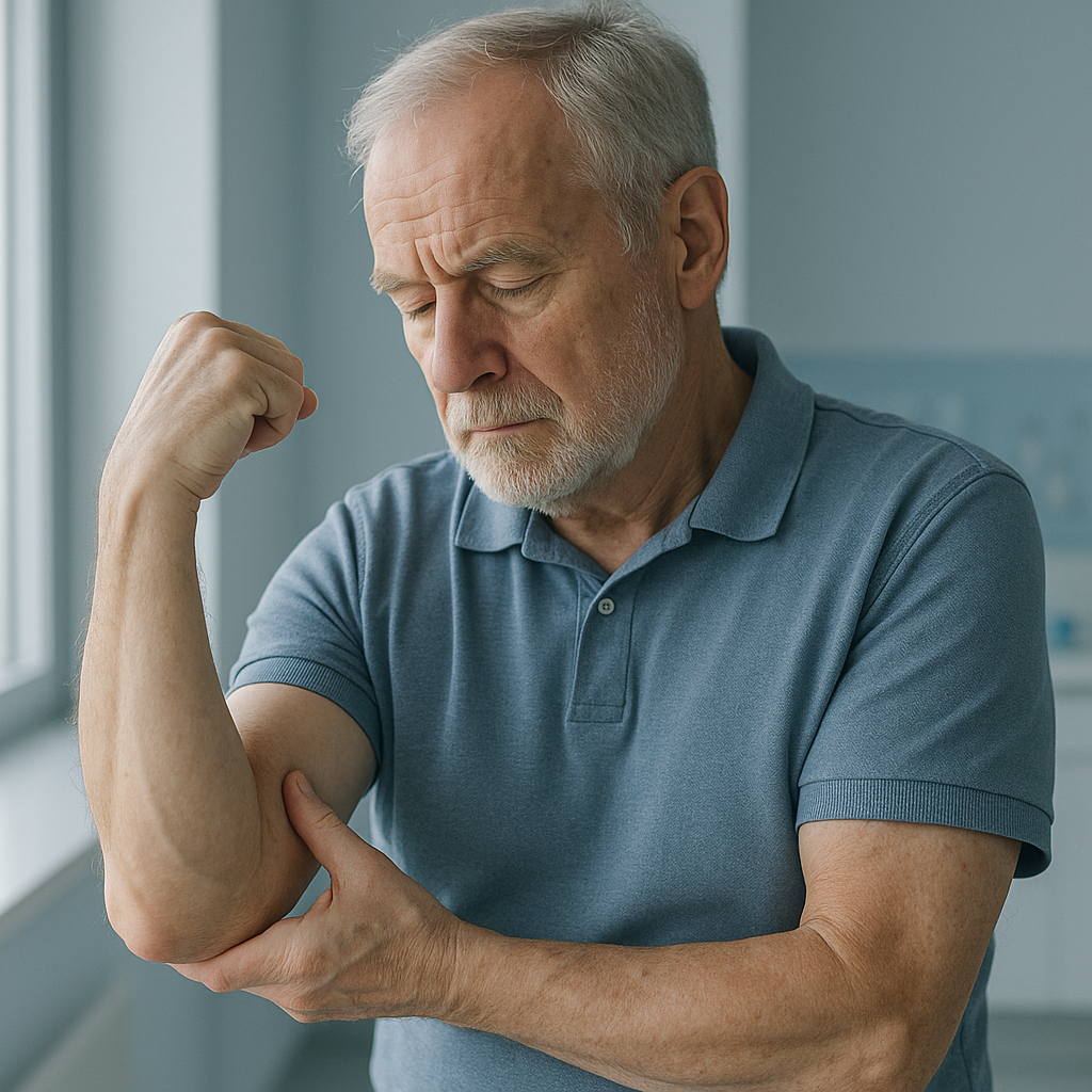 A thoughtful senior man examining his arm, considering age-related muscle loss