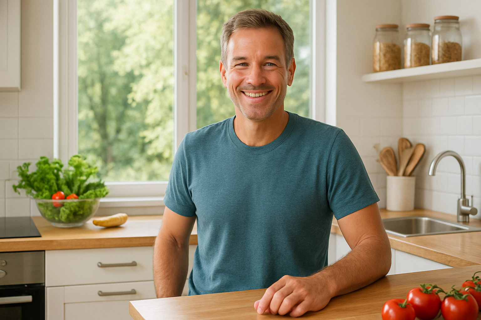 Kevin Fry, a healthy, smiling man in his 40s in a bright kitchen with natural light