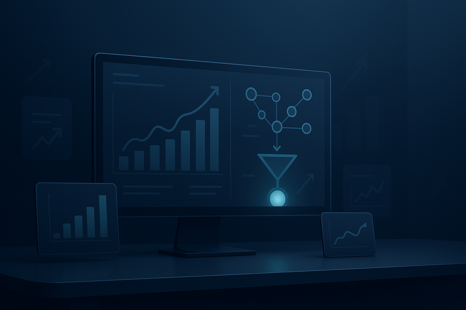 Multi-channel marketing dashboard showing upward revenue trends and traffic source funnels