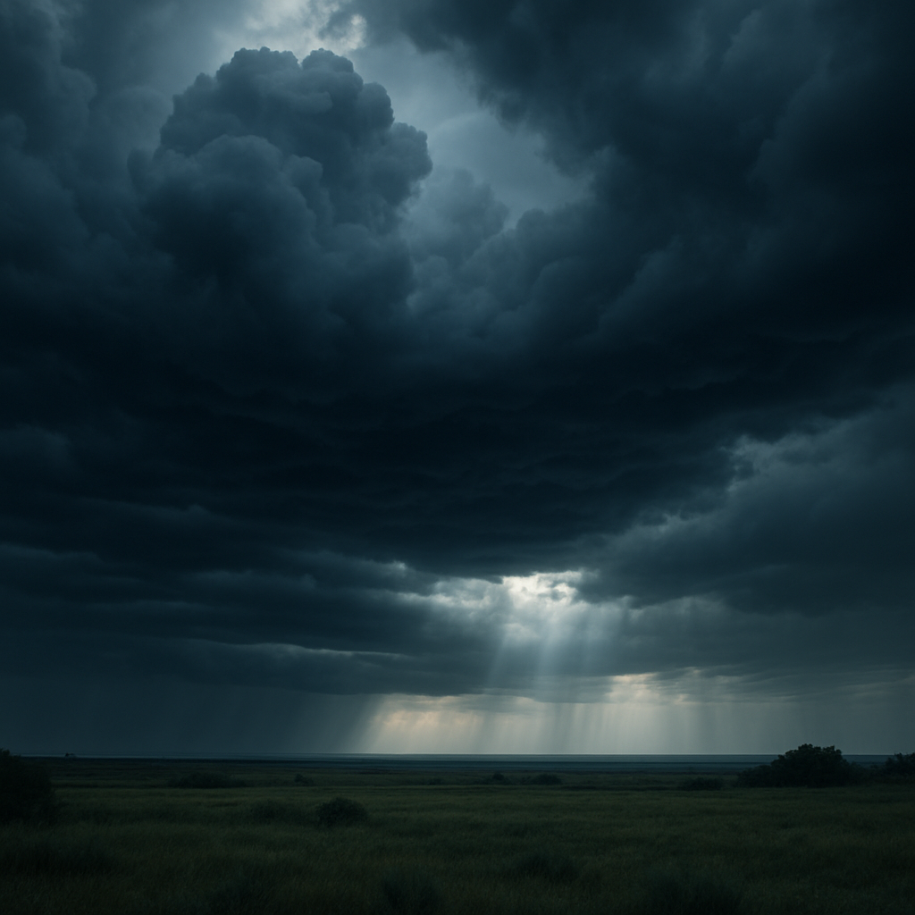 Dramatic sky with dark, ominous clouds indicating an approaching storm