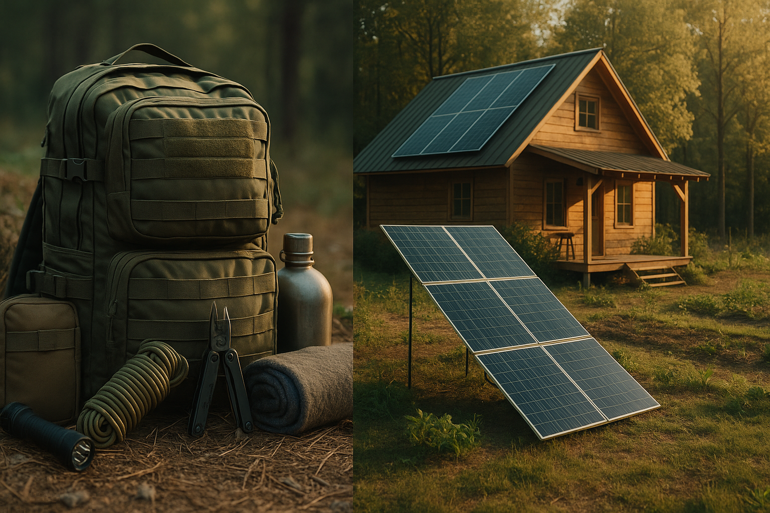Survival bug-out kit alongside solar panels on a rustic off-grid home