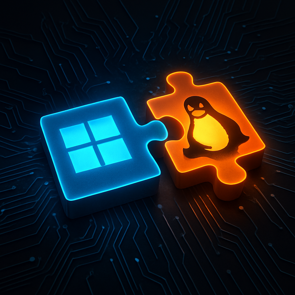 Abstract image of two operating systems fitting together like puzzle pieces